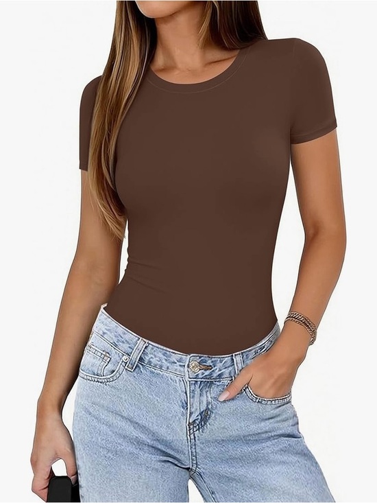 None Tops - Women Brown Top Crewneck Short Sleeve Top Spandex and Polyester size small